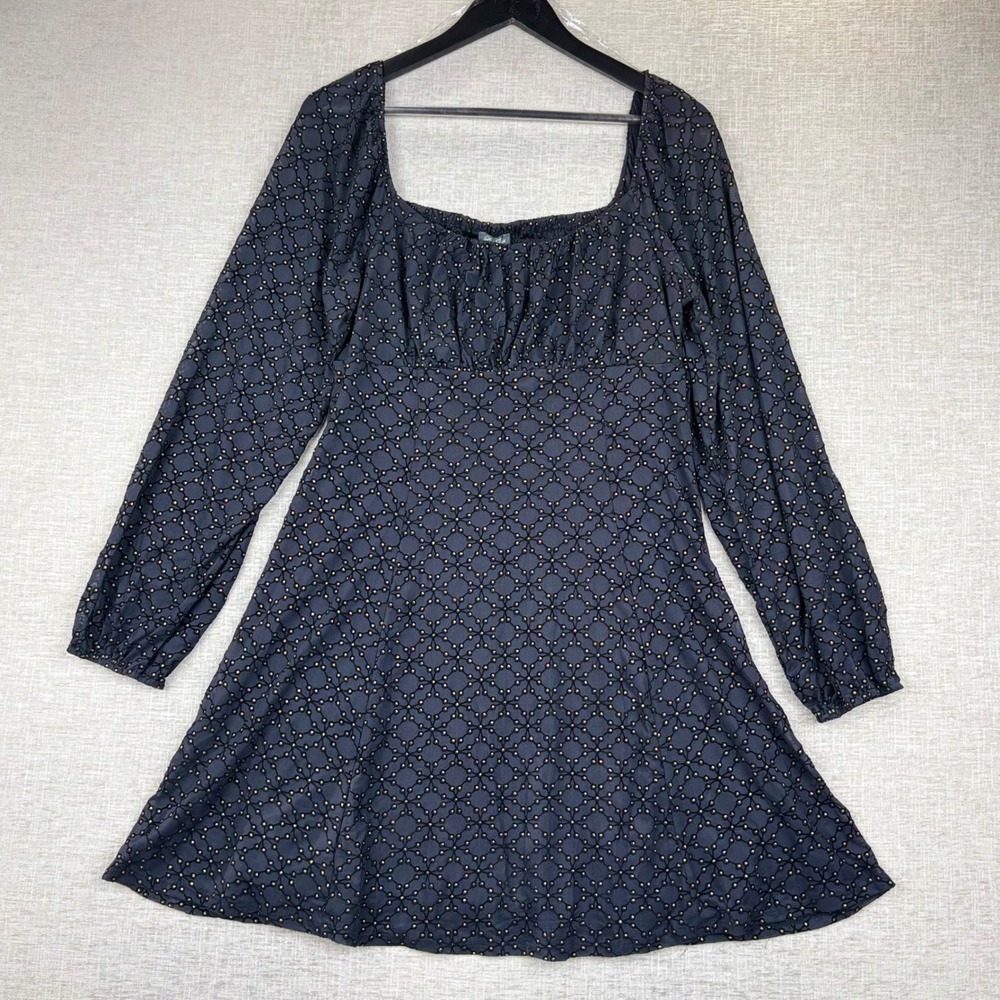 Lily Rose Mini Dress XXL Black Gold Metallic Long Sleeve Smocked Square Neck